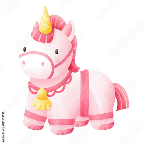 Cute pink unicorn with golden horn and decorative harness photo