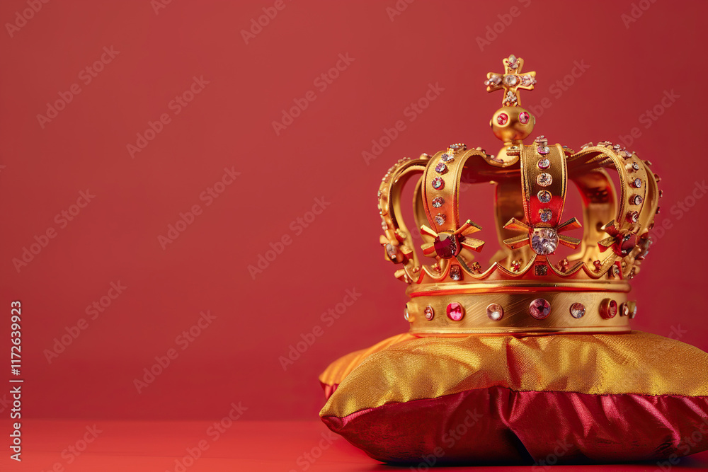Obraz premium Fantastic beautiful king or queen crown from vivid gold material for coronation, abstract vivid composition consists of fictional unreal fantastic vision on background