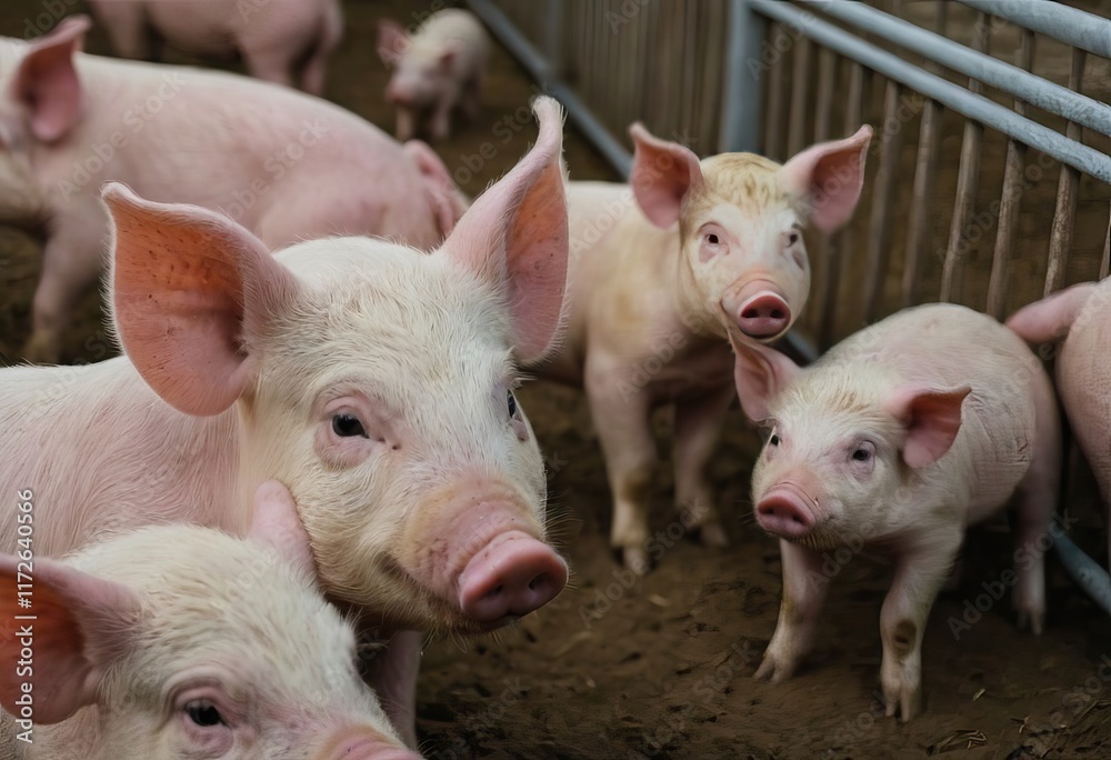A herd of pigs stands closely together, looking at the camera A herd of pigs stands closely together, looking at the camera