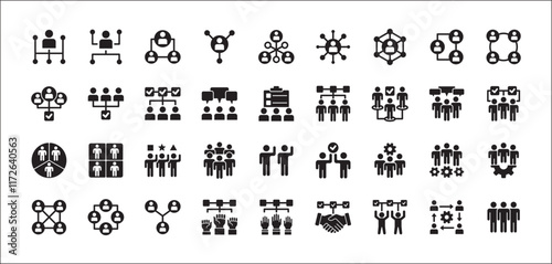 Business teamwork and connection vector icon set. Business network icons. Contains symbol icons of connection, collaboration, management, team, group, relationship, leadership, deliberation, forum.