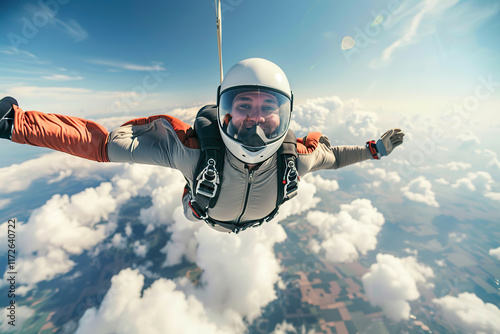 Parachutist with parachute makes heavenly adventure against on nature landscape, abstract vivid composition consists of fictional unreal fantastic vision on background