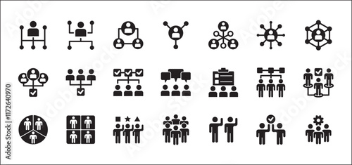 Business teamwork and connection vector icon set. Business network icons. Contains symbol icons of connection, collaboration, management, team, group, relationship, leadership, deliberation, forum.