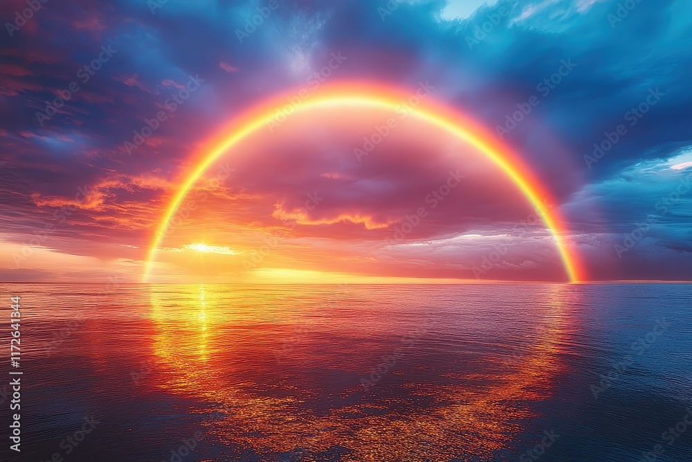 Vibrant sunset over calm ocean with a beautiful rainbow arching across the sky Vibrant sunset over calm ocean with a beautiful rainbow arching across the sky