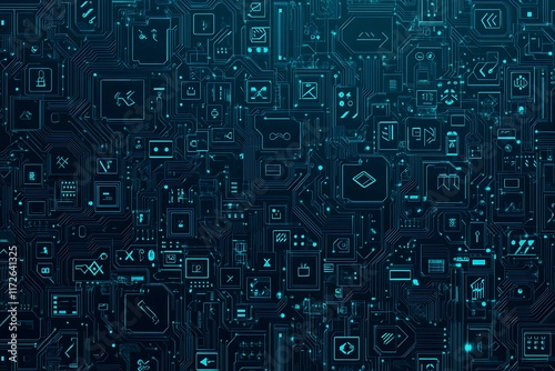 Abstract close-up of a glowing blue digital circuit board, showcasing intricate connections and technological design on a black background.
