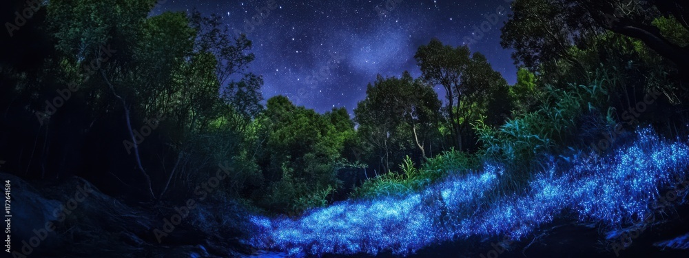 An enchanting view of a bioluminescent forest glowing under a starlit sky in a remote wilderness, Bioluminescent forest scene, Ethereal style An enchanting view of a bioluminescent forest glowing under a starlit sky in a remote wilderness, Bioluminescent forest scene, Ethereal style