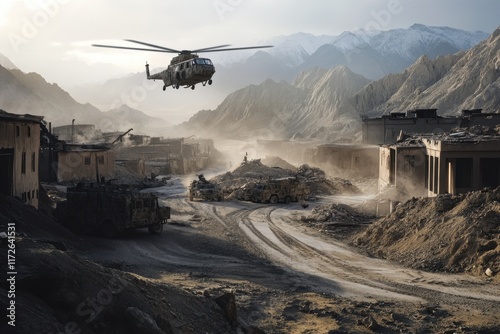 Helicopter conducts mission over desolate village in mountainous region during daylight photo