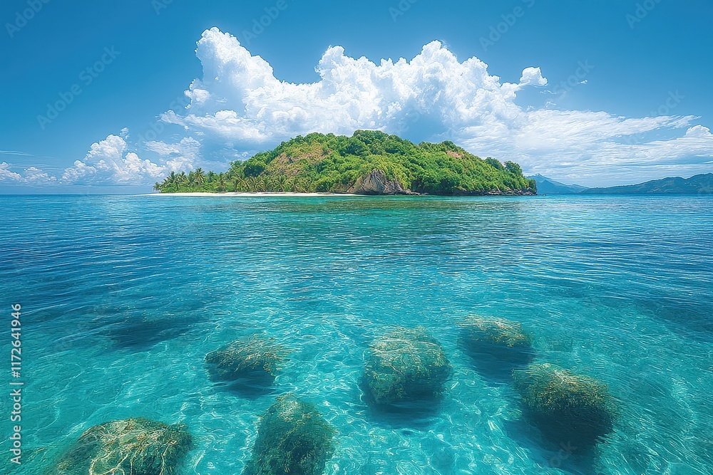 Stunning tropical island with lush greenery and crystal clear waters under a blue sky Stunning tropical island with lush greenery and crystal clear waters under a blue sky
