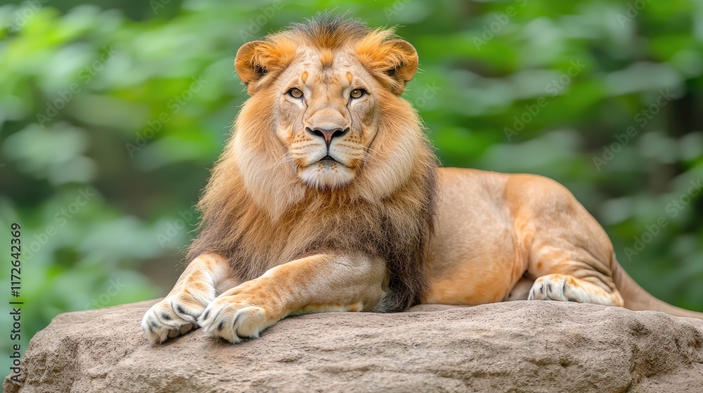 Naklejka premium Majestic lion resting on rock wildlife sanctuary animal portrait lush green environment close-up view nature conservation