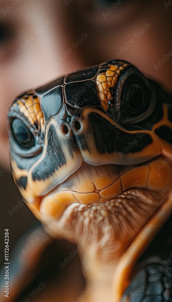 A close-up of a turtle's face with a blurred background of a person's face.