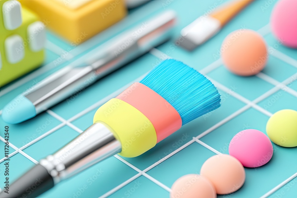 A colorful arrangement of art supplies including a brush, balls, and tools on a vibrant surface. A colorful arrangement of art supplies including a brush, balls, and tools on a vibrant surface.