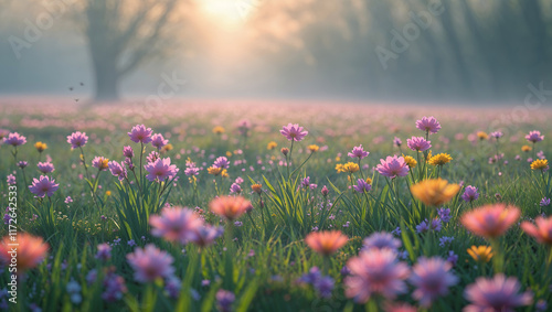 Pink and yellow wildflowers blooming in misty meadow at sunrise