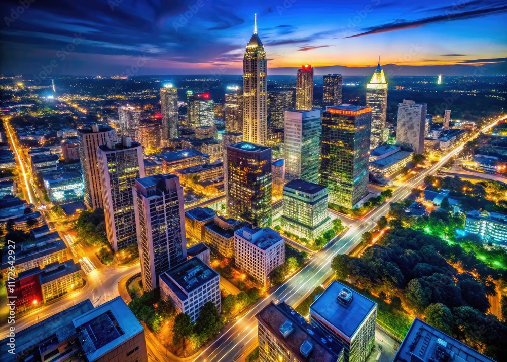 Obraz premium Dazzling aerial photography captures Atlanta Midtown's vibrant nightlife, showcasing Georgia's glowing cityscape at night.