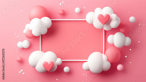 3d clouds and hearts on pink valentine background