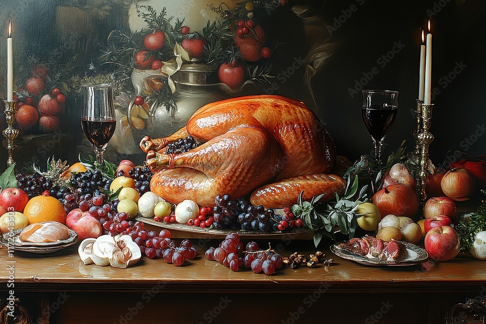Festive table adorned with roasted turkey and fresh fruits during autumn harvest celebration Festive table adorned with roasted turkey and fresh fruits during autumn harvest celebration