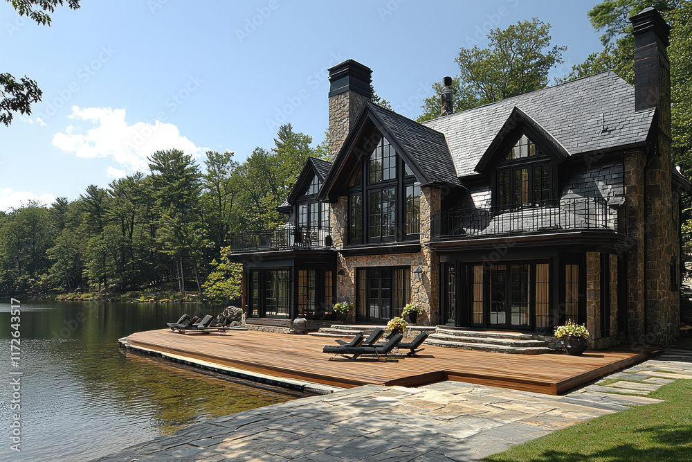 Obraz premium Lakeside luxury home with deck, forest backdrop, summer relaxation