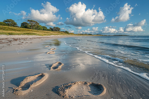 Footprints on sandy beach, ocean waves, dunes, clouds, summer travel