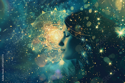 Astrological abstract composition with concept of Virgo zodiac sign symbol, abstract vivid composition consists of fictional unreal fantastic vision on background