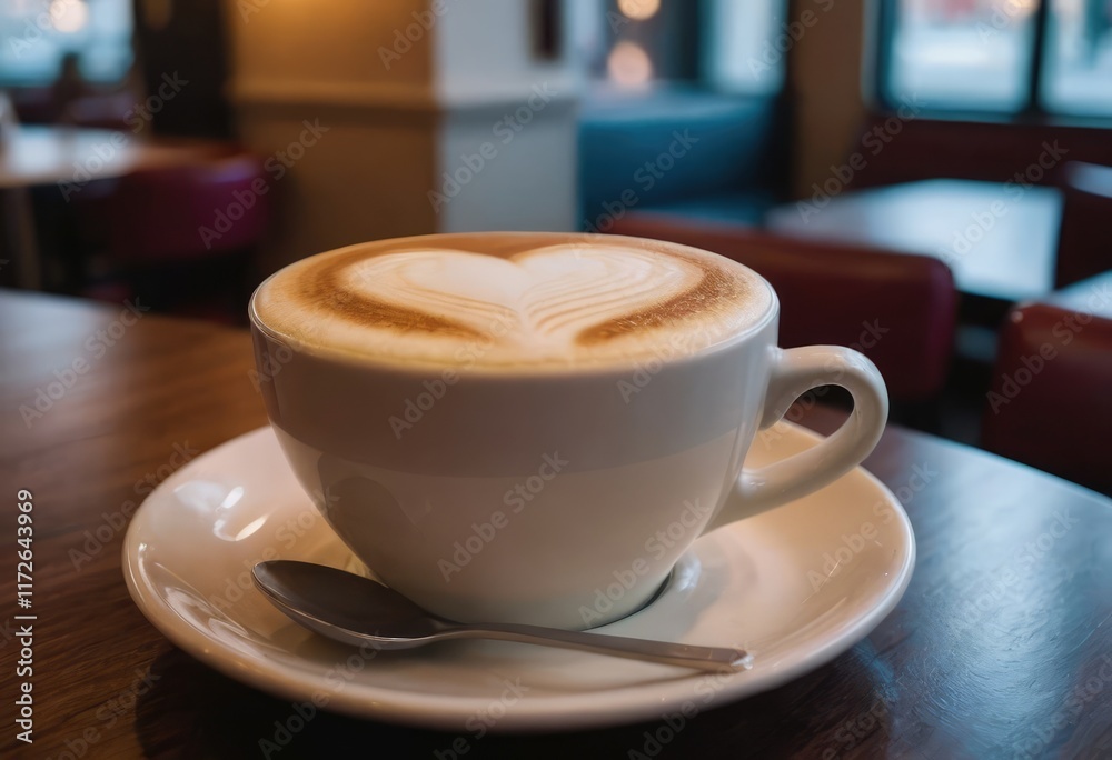 A delightful cup of cappuccino topped with a lovely heart shaped foam