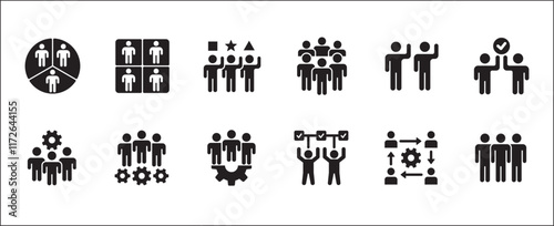 Business teamwork and connection vector icon set. Business network icons. Contains symbol icons of connection, collaboration, management, team, group, relationship, leadership, deliberation, forum.