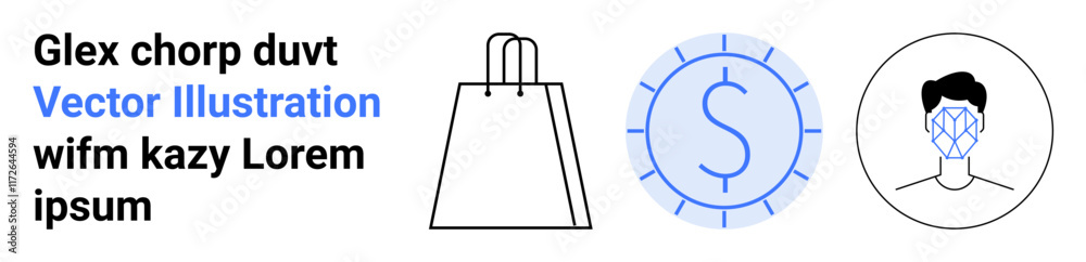 Shopping bag, dollar coin, and a human face with network lines. Ideal for e-commerce, finance, security, facial recognition, technology online shopping digital currency. Landing page Shopping bag, dollar coin, and a human face with network lines. Ideal for e-commerce, finance, security, facial recognition, technology online shopping digital currency. Landing page
