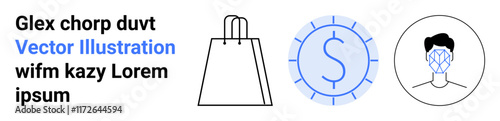 Shopping bag, dollar coin, and a human face with network lines. Ideal for e-commerce, finance, security, facial recognition, technology online shopping digital currency. Landing page