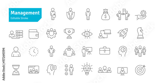 Management Line Icons Set. Manager, Teamwork, Business, Human Resource, Experience, Planning, Success, Strategy, Marketing Icons Editable Stroke Vector Illustration
