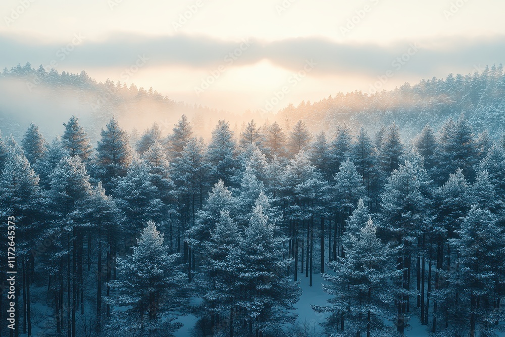 Winter sunlight casts a warm glow over a snow-covered forest at dawn in a tranquil landscape Winter sunlight casts a warm glow over a snow-covered forest at dawn in a tranquil landscape