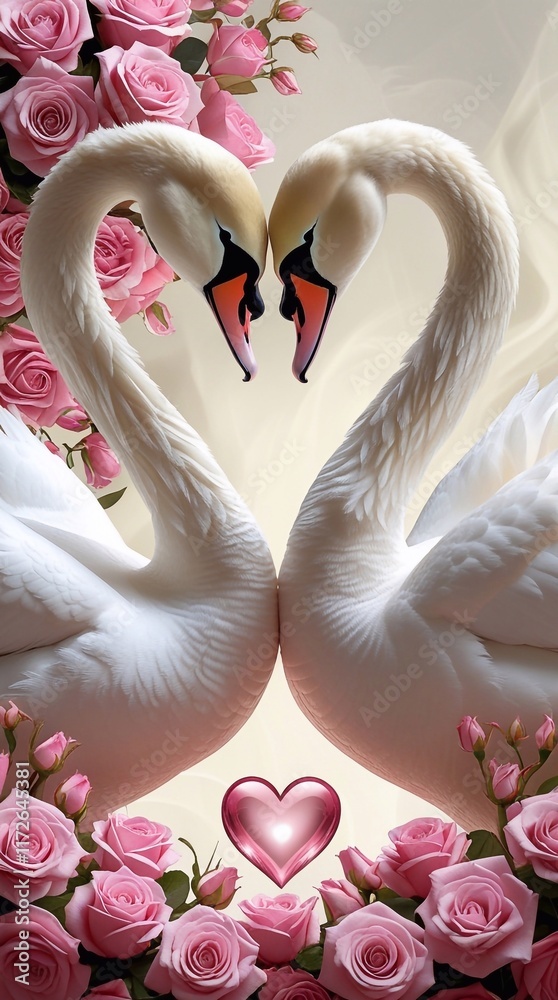 Naklejka premium two white swans facing each other, love, heart and pink roses