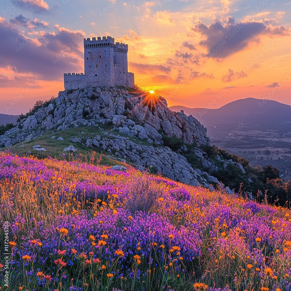 Fototapeta premium Medieval castle ruins on rocky hilltop at sunset with wildflowers and mountain valley view
