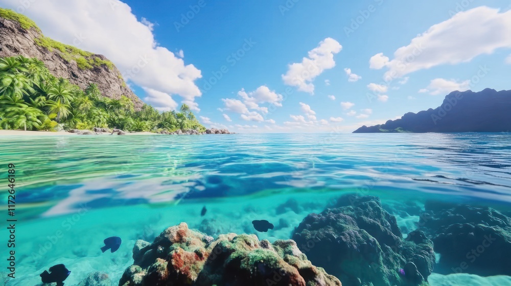 Serene tropical seascape with clear waters and vibrant coral. Serene tropical seascape with clear waters and vibrant coral.