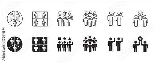 Business teamwork and connection vector icon set. Business network icons. Contains symbol icons of connection, collaboration, management, team, group, relationship, leadership, deliberation, forum.