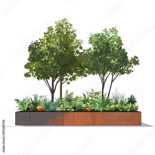 bioswale made from metal containing native plants isolated on a  white background