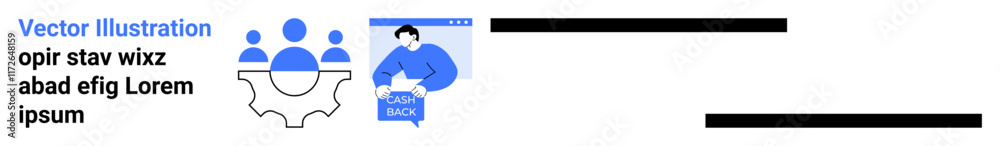 Naklejka premium Team collaboration icon with three figures above a gear and a man holding Learn More sign in a blue browser window. Ideal for educational content, business strategies, teamwork, marketing, online