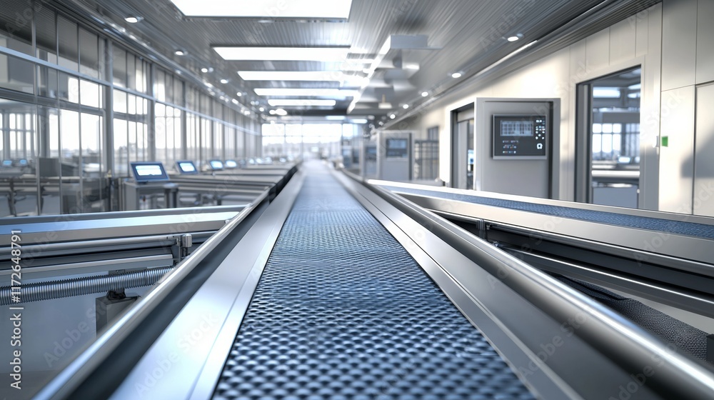 Conveyor system inside a modern warehouse facility with advanced technology and high ceilings Conveyor system inside a modern warehouse facility with advanced technology and high ceilings