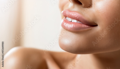 Close-up Ausschnitt eines lächelnden weiblichen Gesichtes als Nhaufnahme von glatter, gesunder Haut, viel Freifläche, fotorealistische Illustration