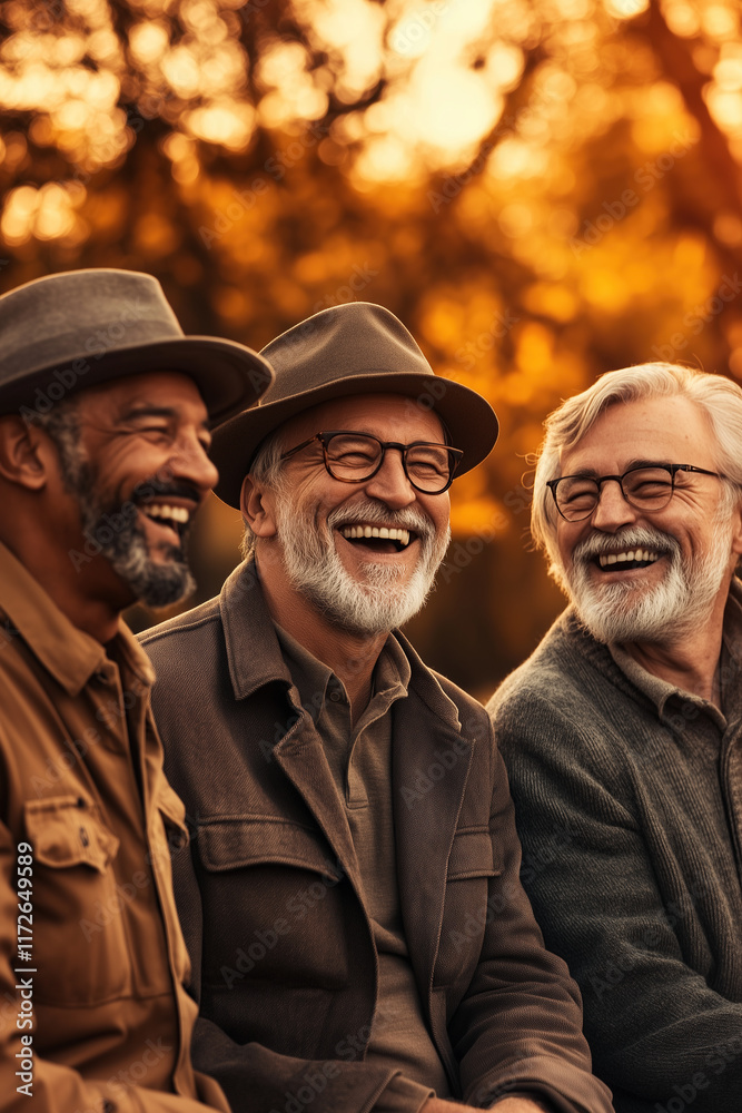 Three handsome men in their sixties enjoying their time outdoors during warm autumn evening. Three handsome men in their sixties enjoying their time outdoors during warm autumn evening.