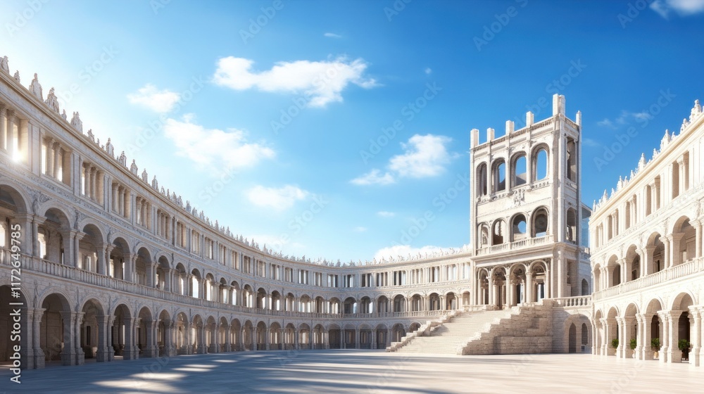 Fototapeta premium A grand architectural courtyard with classical columns and steps.