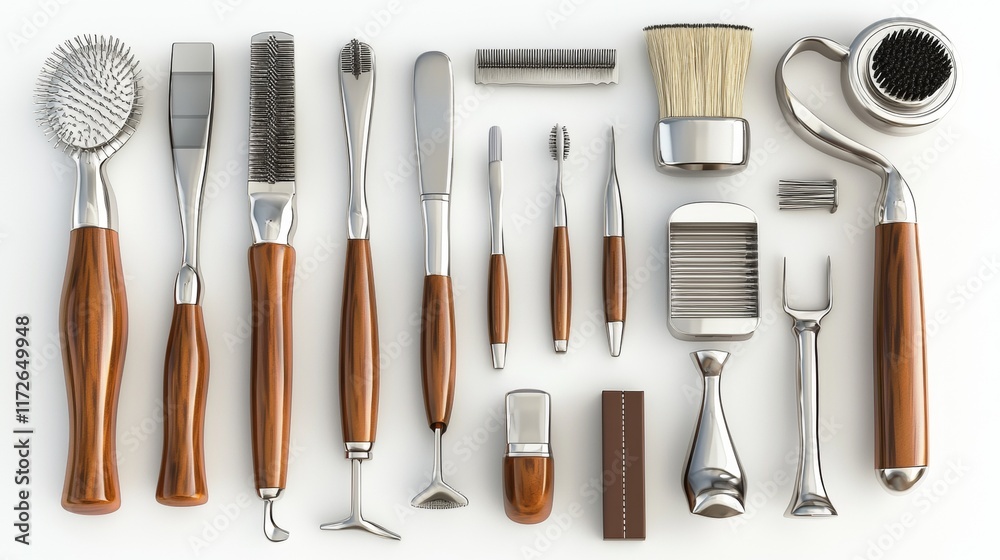 High-quality grooming tools arranged neatly on a white background for professional use and home care High-quality grooming tools arranged neatly on a white background for professional use and home care