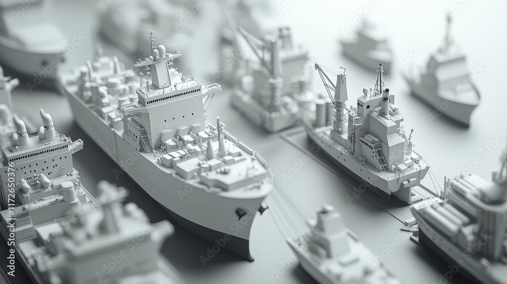 Fototapeta premium Miniature ships displayed in a detailed maritime diorama at a model exhibition in a spacious gallery