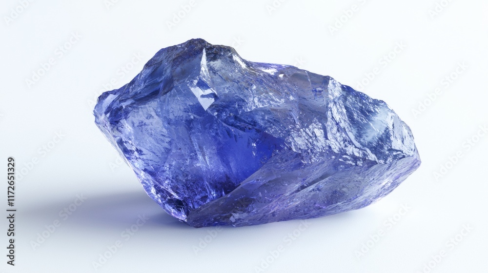 Fototapeta premium Beautiful raw tanzanite crystal showcasing vivid blue and violet hues against a clean white background