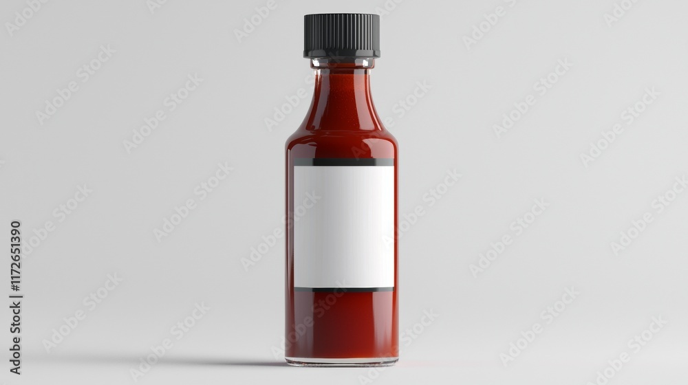 Dark red sauce in a glass bottle with a blank label on a light background in a studio setting Dark red sauce in a glass bottle with a blank label on a light background in a studio setting