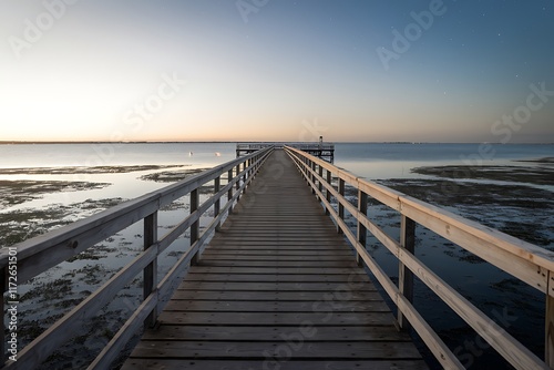 A long wooden pier stretches towards a tranquil sea at sunrise. The calm water reflects the pale sky. Low vegetation lines the shore.