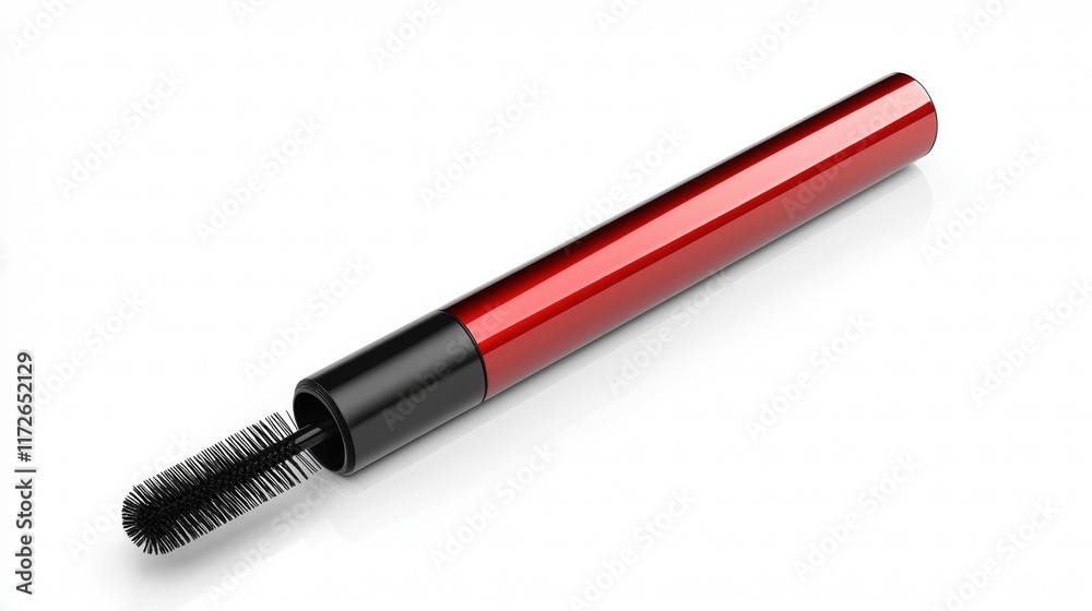 Red tube of mascara with a brush for enhancing eyelashes displayed on a clean surface Red tube of mascara with a brush for enhancing eyelashes displayed on a clean surface
