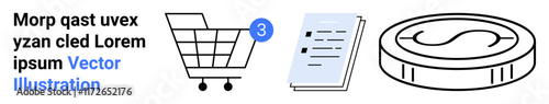 Shopping cart, checklist with blue checkmarks, currency coin symbol. Ideal for e-commerce, digital shopping, online transactions, retail management, financial applications, mobile commerce, market