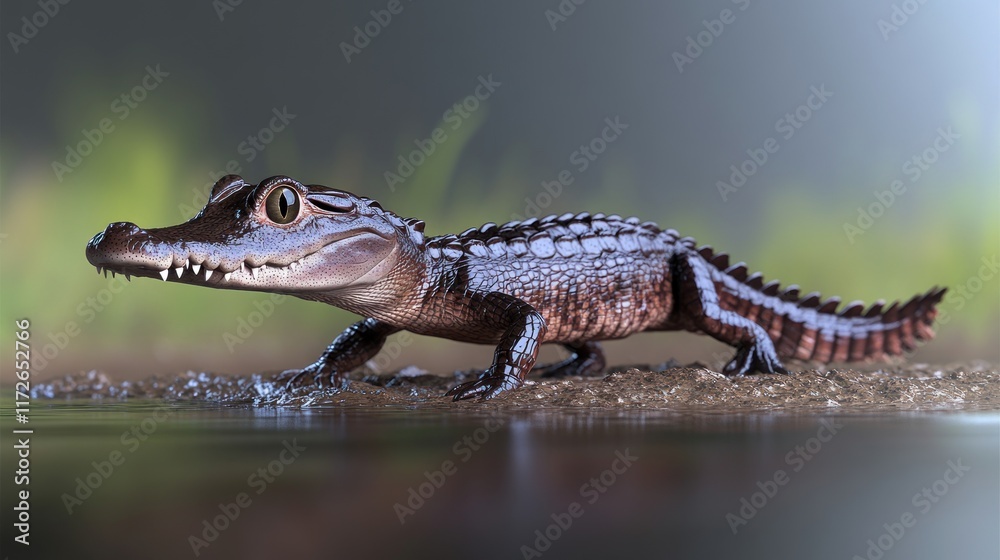 Naklejka premium A detailed view of a crocodile-like creature on a shore.