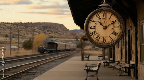 Vintage train departing station at sunset.