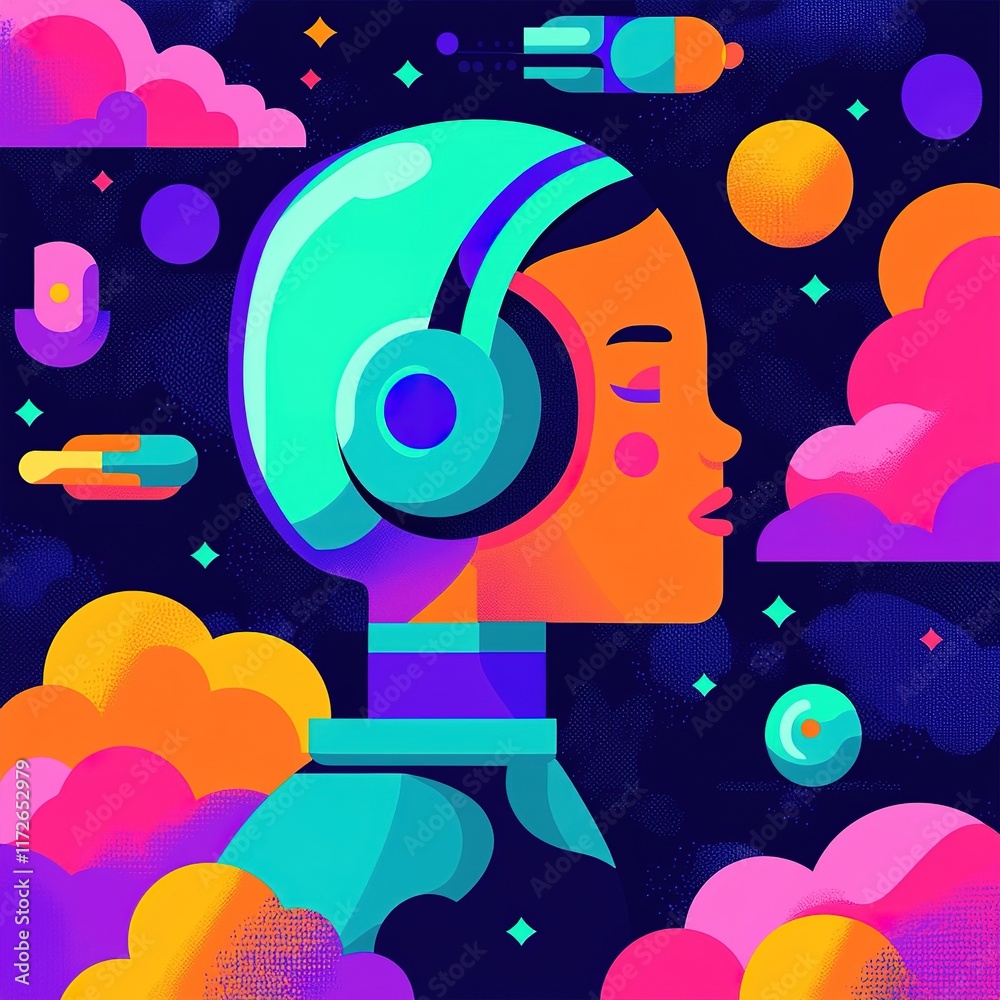 Obraz premium Voice Commerce A vibrant, stylized illustration of a person with headphones surrounded by colorful clouds and abstract shapes, evoking a futuristic and dreamy atmosphere.