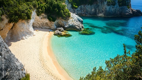 22. A secluded white sandy beach with turquoise clear water, perfect for a peaceful beach holiday