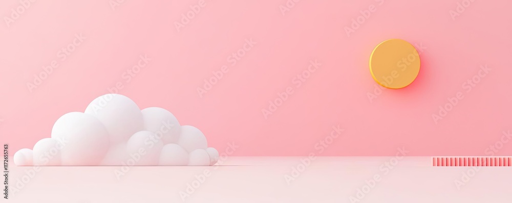Minimal skies idea. A minimalist illustration of a sun and cloud on a pastel pink background. Minimal skies idea. A minimalist illustration of a sun and cloud on a pastel pink background.