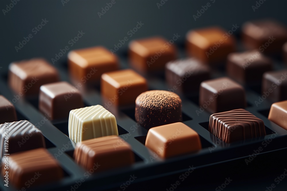 Close-up of various chocolates, including pralines and bonbons, arranged in an elegant display on a dark background. Close-up of various chocolates, including pralines and bonbons, arranged in an elegant display on a dark background.